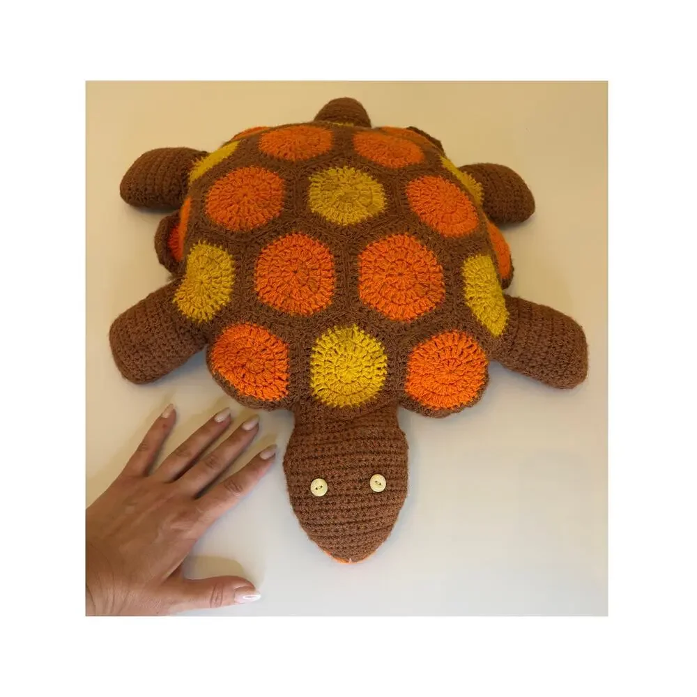 Vintage Handmade Crochet Turtle Pillow Plush Orange Brown Retro Boho Decor